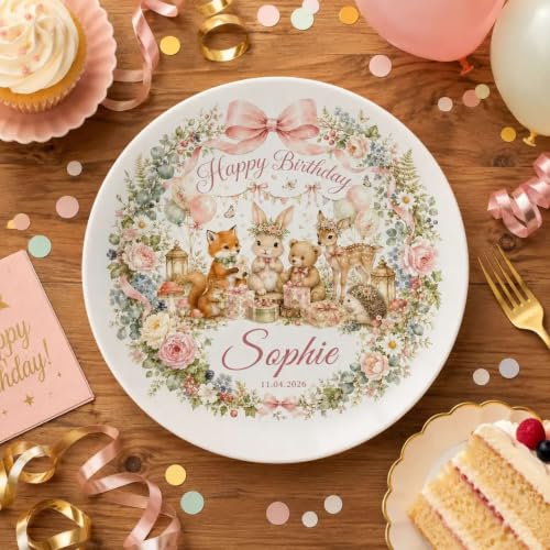 Personalized Girl Happy Birthday Plate with Woodland Animal Design - Custom Name Ceramic Keepsake