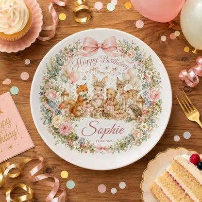 Personalized Girl Happy Birthday Plate with Woodland Animal Design - Custom Name Ceramic Keepsake