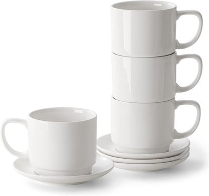 DOWAN 12oz Coffee Mugs - White Ceramic Cappuccino Cup & Saucer Set of 4 | Microwave Safe for Home & Office