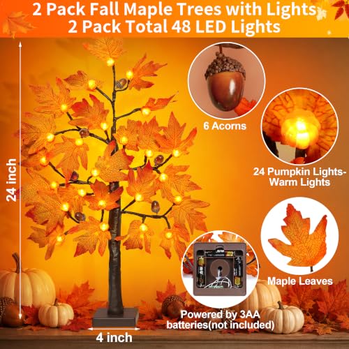 2 Pack 24-Inch Fall Maple Tree with Lights & Timer - Indoor Thanksgiving Decor Style 2