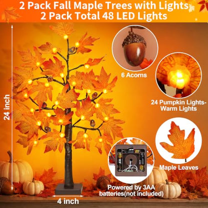 2 Pack 24-Inch Fall Maple Tree with Lights & Timer - Indoor Thanksgiving Decor Style 2