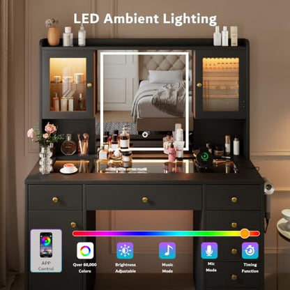 iPormis Black Vanity Desk with Mirror, RGB Lights, 2 Outlets & 7 Drawers