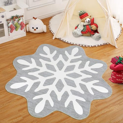 Christmas Snowflake Round Rug 4ft Grey Washable Non-Slip Low Pile Carpet for Living Room