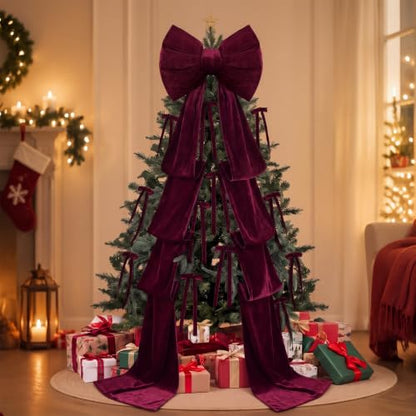 Burgundy Velvet Bow Christmas Tree Topper Set with 12 Small Bows - 8.2ft Large