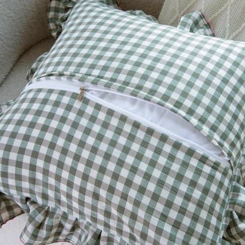 Green White Gingham Pillow Sham Set with Ruffle and Ric-Rac Trim - 24x24 Inch