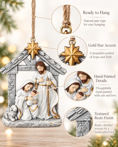 4 Grey Nativity Holy Family Resin Ornaments Christmas Set - Manger Scene