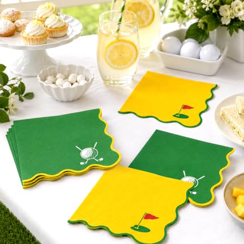 Golf Cocktail Napkins 50 Pack - Bright Yellow & Green, Scalloped 3-Ply Party Supplies