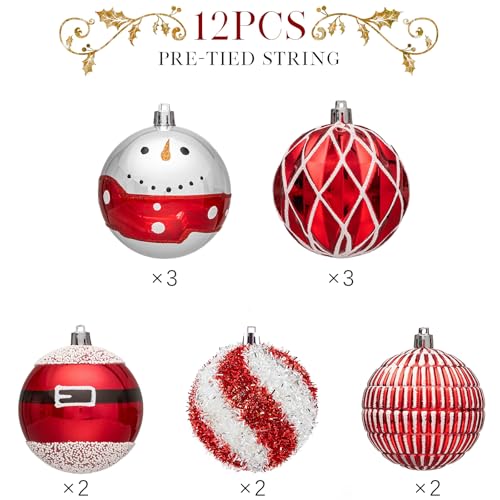 Christmas Tree Ornaments 12-Pack Red & White Plastic Shatterproof Balls 3.15 Inch