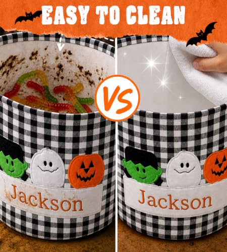 Personalized Halloween Gingham Basket with Embroidered Name - Black