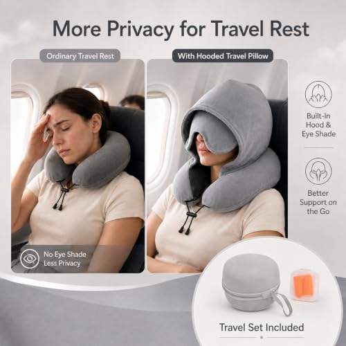 Gray Travel Neck Pillow with Hood and Eye Mask - Memory Foam Support