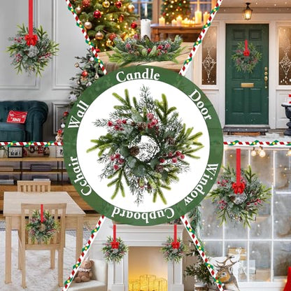 6 Pack Mini Christmas Wreaths 9.8 Inch with Ribbons for Cabinets & Decor – Holiday Faux Wreath Set