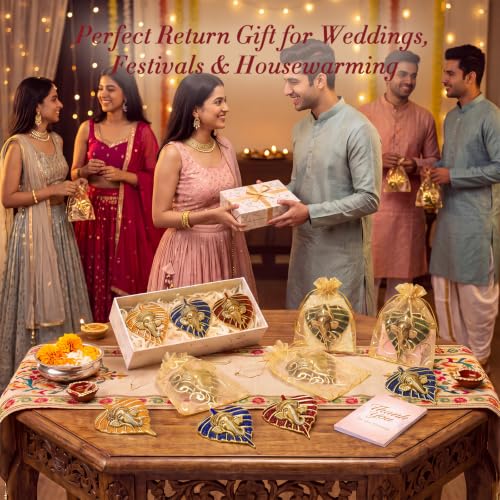 Metal Leaf Ganesha Figurines Bulk Gift Set with Thank You Cards - 4 Colors, 16 Pack