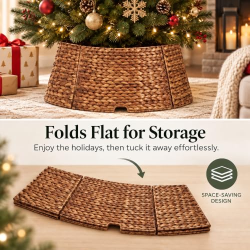 24 Inch Woven Water Hyacinth Wicker Christmas Tree Collar Basket with Cord Cutout