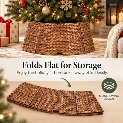 24 Inch Woven Water Hyacinth Wicker Christmas Tree Collar Basket with Cord Cutout