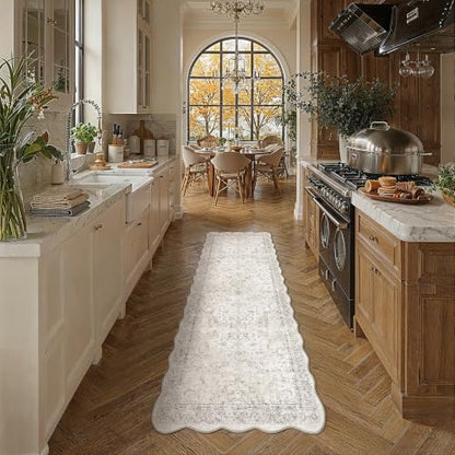 Beige Grey Scalloped Washable Runner Rug 2x6 Non Slip Vintage Carpet