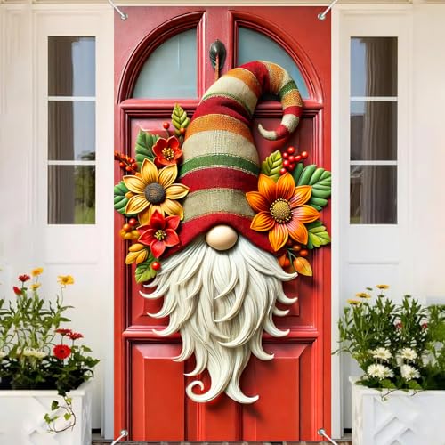 Christmas Door Cover Gnome Red Holiday Decor 35x71 Inch Polyester