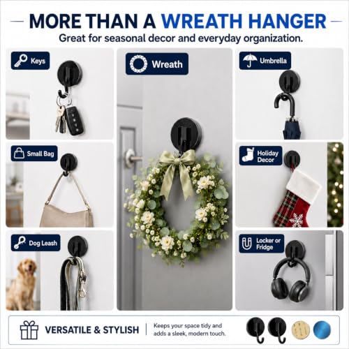 Magnetic Wreath Hanger for Front Door Black 2 Pack - Reusable & Damage-Free