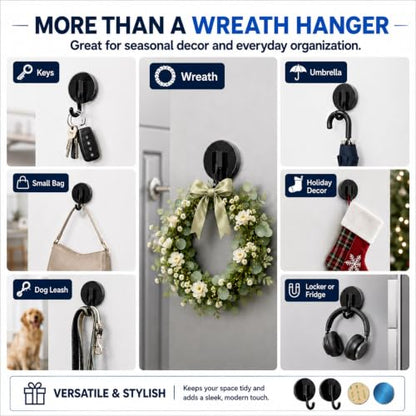 Magnetic Wreath Hanger for Front Door Black 2 Pack - Reusable & Damage-Free