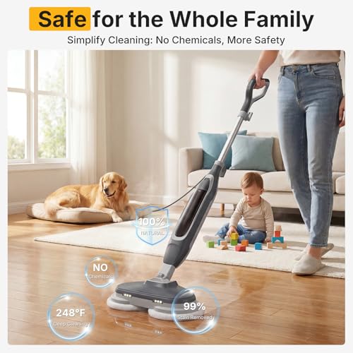Grey NEWBULIG Steam Mop for Floor Cleaning with Dual Rotating Pads - 6.61"D x 14.41"W x 47.24"H