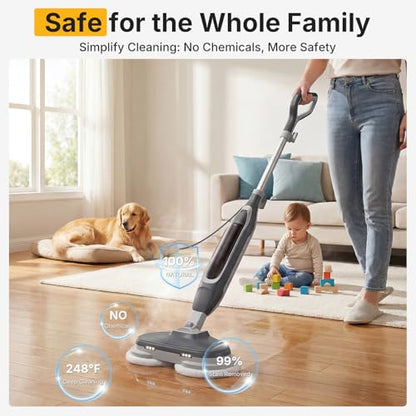 Grey NEWBULIG Steam Mop for Floor Cleaning with Dual Rotating Pads - 6.61"D x 14.41"W x 47.24"H