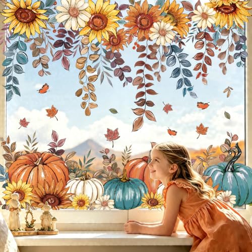 Fall Sunflower Pumpkin Window Clings Set - Autumn Glass Decor, 8 Sheets