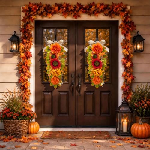 Fall Swags for Front Door - 23.6 Inch Autumn Wreath Set Orange Yellow - 2 Pieces