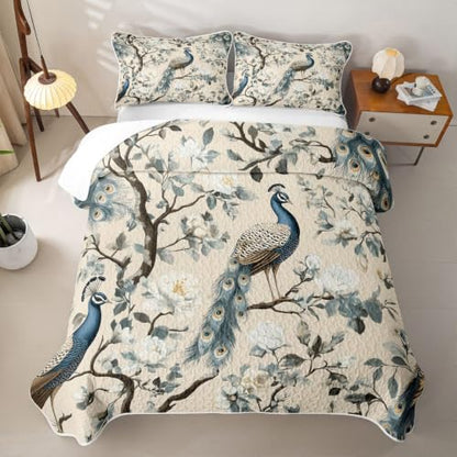 Navy Blue Peacock Flora Quilt Set Full Size Kids Girl Bedroom Decor 3Pcs