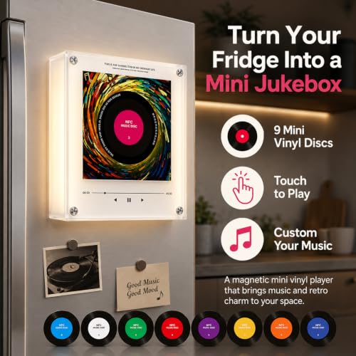 Magnetic Music Box Fridge Mini Vinyl Record Player with 18 Discs - Retro Style