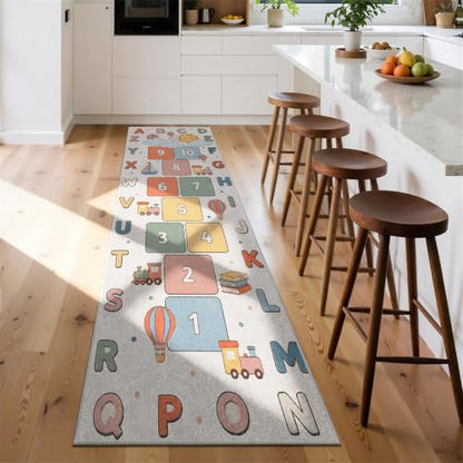 Kids Runner Rug 2x6ft Washable Hallway Carpet with Alphabets and Hopscotch - Color-7