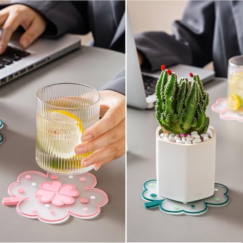 Pink Clover Coasters Set of 2 - Kawaii Desk Accessories for Office & Home