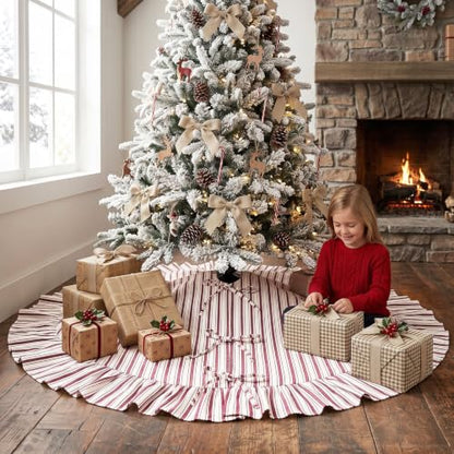 Christmas Tree Skirt 48 Inch Red & White Ruffle with Bows - Burgundy Variation