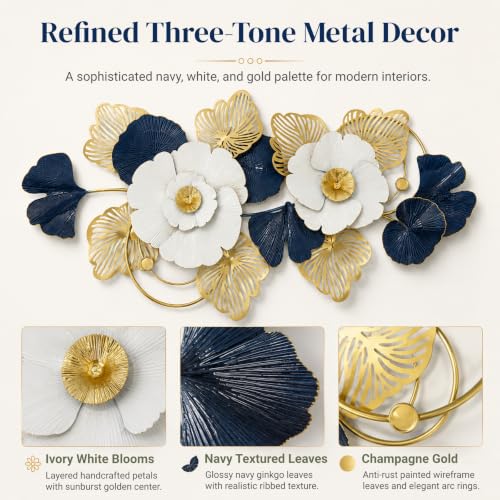 Large 3D Floral Metal Wall Art - White, Navy Blue & Gold Finish - 51x24 Inch
