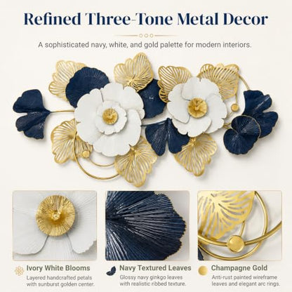 Large 3D Floral Metal Wall Art - White, Navy Blue & Gold Finish - 51x24 Inch