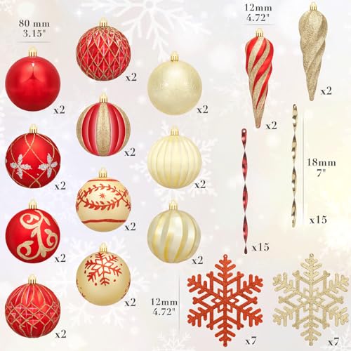 Assorted Christmas Ball Ornaments Set with Reusable Gift Box - Red Gold 80mm