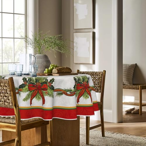 Christmas Tablecloth 70x70 Inch Round Poinsettia Gold Ribbon Red Variation