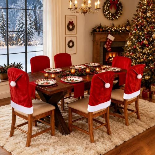 4 Pack Christmas Santa Hat Velvet Chair Covers - Festive Holiday Seat Decor