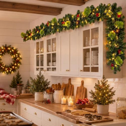 9FT Christmas Garland with Lights for Above Cabinets - Holiday Decor