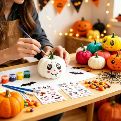 DIY White Pumpkin Craft Kit with Paints, Brushes, Stickers for Fall Decor