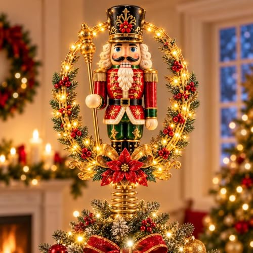 Lighted Christmas Tree Topper with Nutcracker Design - Festive Holiday Decor