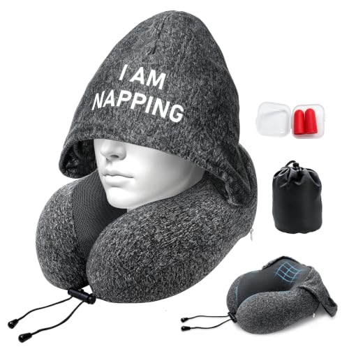 Travel Neck Pillow with Hood - Memory Foam Support for Flight & Car Sleep
