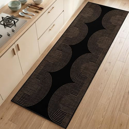 Gold and Black Geometric Runner Rug for Hallway 4x12ft - Non Slip & Machine Washable