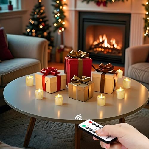 White Base Dimmable Flickering Flameless Tea Lights 12 Pack - Remote Control