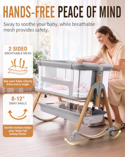 Baby Bassinet Bedside Cradle Rocking Sleep Solution - Light Grey
