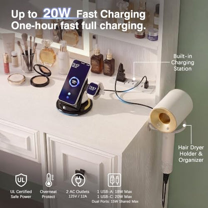 YESHOMY Pure White Makeup Vanity Desk with LED Mirror, UL Charging Hub & 7-Drawer Storage