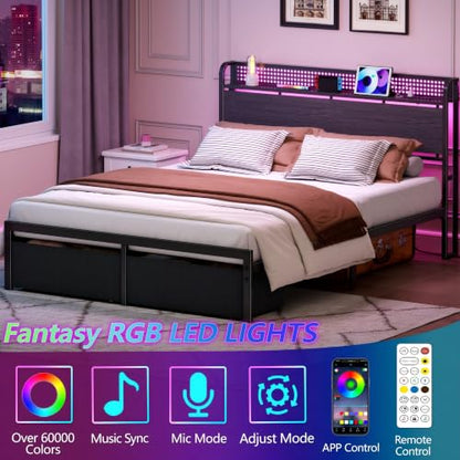 Queen Bed Frame with Storage Headboard, Charging Station & RGB Lights - Rustic Grey