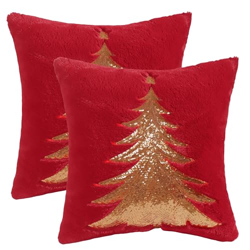 Faux Fur Christmas Pillow Covers 18x18 Set of 2 - Red Xmas Tree & Deer