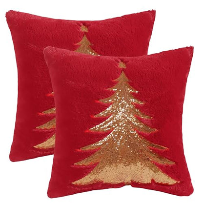 Faux Fur Christmas Pillow Covers 18x18 Set of 2 - Red Xmas Tree & Deer
