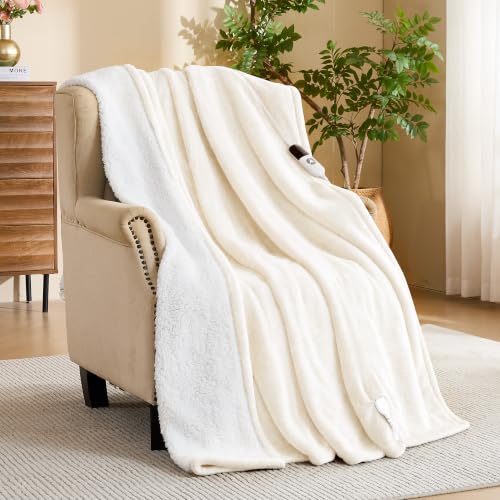 Electric Blanket 50x60 Inches Flannel and Sherpa Heated Throw - White