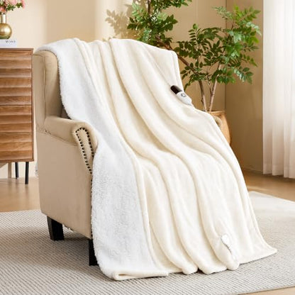 Electric Blanket 50x60 Inches Flannel and Sherpa Heated Throw - White
