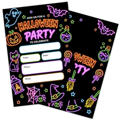 Neon Ghost Halloween Party Invitation Set - 20 Glow Cards with Envelopes